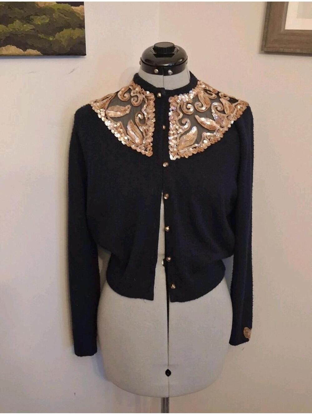 1950s Vintage Sequin Sweater, Size Small Black Embellished Cardigan